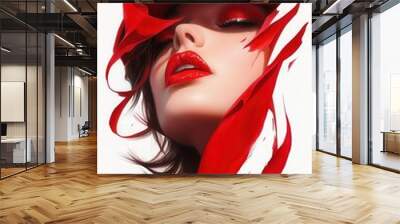 A striking portrait of a woman with bold red lips and vibrant red elements flowing around her face, evoking emotion and beauty. Wall mural