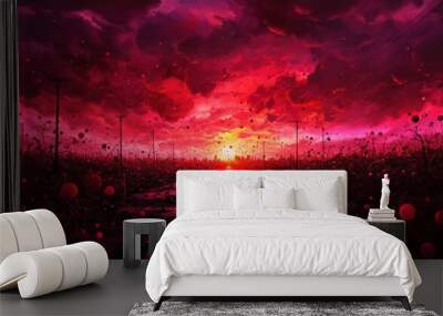 A stunning surreal landscape with a vibrant red sunset, featuring dramatic clouds and abstract spheres in a desolate terrain. Wall mural