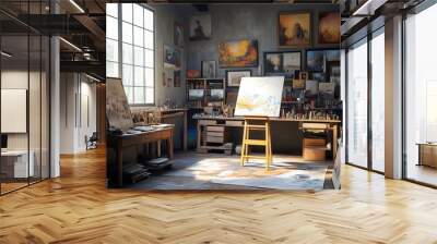 A vibrant artist studio filled with paintings, tools, and natural light, showcasing creativity and artistic inspiration. Wall mural