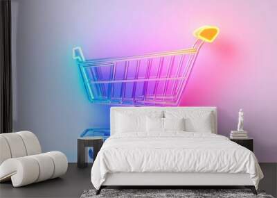 A vibrant neon shopping cart on a minimalist background, perfect for e-commerce and retail themes. Wall mural