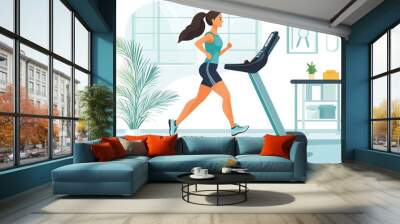 A woman jogging on a treadmill in a bright, modern gym. The setting is vibrant with indoor plants and fitness equipment. Wall mural