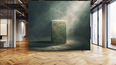 Ancient stone tablet bathed in dramatic light, showcasing intricate carvings and mysterious symbols inside a dark, foggy environment. Wall mural