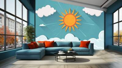 Bright cartoon sun in a blue sky with fluffy white clouds. Perfect for summer, weather illustrations, and cheerful design concepts. Wall mural