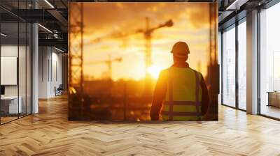 Construction worker in hard hat and safety vest at sunset with construction cranes and industrial site in the background. Wall mural