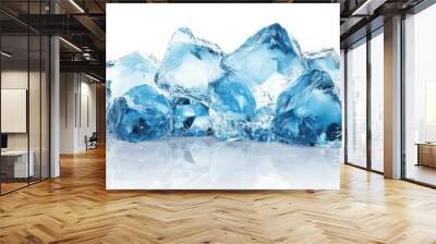 Crystal clear blue ice cubes scattered on a reflective surface, perfect for refreshing drinks and summer cocktails. Wall mural