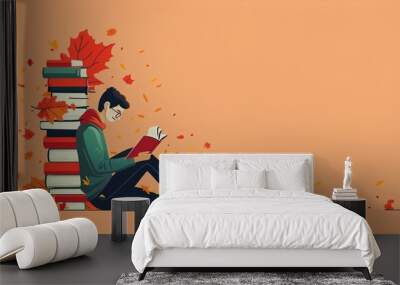 Easy reading list flat design side view book recommendations theme cartoon drawing vivid Wall mural