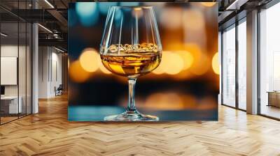 Elegant glass of whiskey with golden liquid and blurred background, perfect for conveying sophistication and relaxation. Wall mural