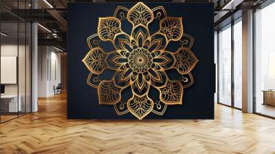 Elegant gold mandala on black background, intricate symmetrical geometric design perfect for luxurious and spiritual themes. Wall mural