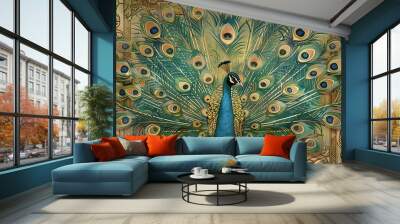 Elegant peacock displaying vibrant tail feathers with intricate patterns, set against an ornate, gold-toned background. Wall mural