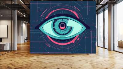 Futuristic digital eye concept illustration with vibrant colors and technological elements, depicting vision and technology integration. Wall mural