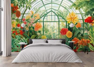 Greenhouse flat design top view botanical theme water color vivid Wall mural