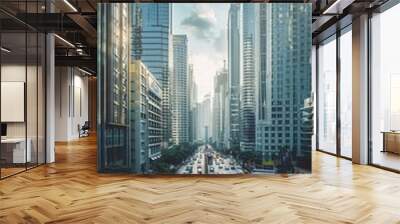 High-rise buildings line a busy city street during the day, with cars driving along both sides, capturing the urban hustle and bustle. Wall mural