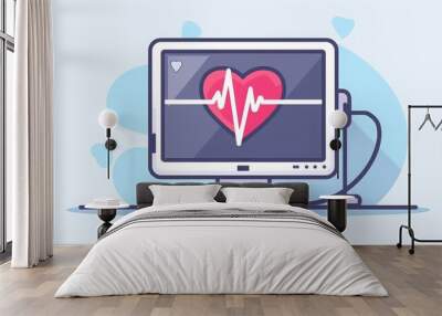 Illustration of a computer monitor displaying a heartbeat signal inside a heart shape, representing health and medical technology. Wall mural