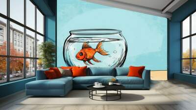 Illustration of a goldfish swimming inside a glass fishbowl with a clear blue background, evoking feelings of simplicity and tranquility. Wall mural