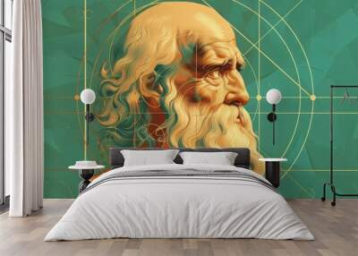 Illustration of a thoughtful elderly man with a long white beard, set against a geometrical background, showcasing wisdom and contemplation. Wall mural