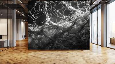 Intricate web of interconnected fibers in monochrome, showcasing abstract and organic structures. Ideal for science and technology themes. Wall mural