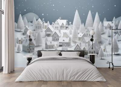 Miniature winter village flat design side view holiday minis theme 3D render Monochromatic Color Scheme Wall mural