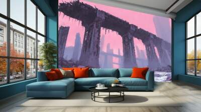 Post-apocalyptic urban landscape with crumbling structures and a pink sky, depicting a desolate and eerie atmosphere. Wall mural