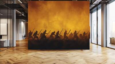 Silhouetted ancient warriors marching into battle, illuminated by a dramatic, fiery background evoking a sense of epic warfare and bravery. Wall mural