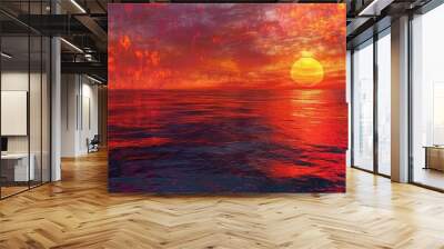 Stunning vibrant red ocean sunset with fiery clouds reflected on water. Serene and breathtaking evening scenery, perfect for backgrounds. Wall mural