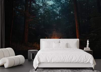 Two people relaxing by a campfire in a dark forest, creating a warm and inviting atmosphere under a starry sky. Wall mural