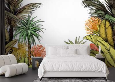 Colorful card with coconut palm trees and tropical lush foliage. Wall mural