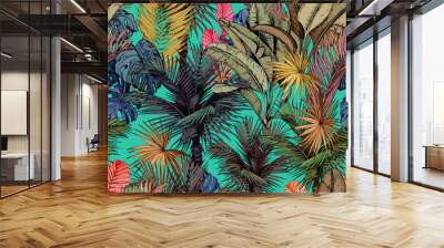 Colorful tropical pattern with palm trees and exotic bromeliad flowers. Wall mural