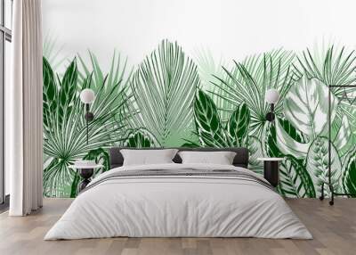 Endless horizontal border with green tropical palm and ornamental leaves. Wall mural