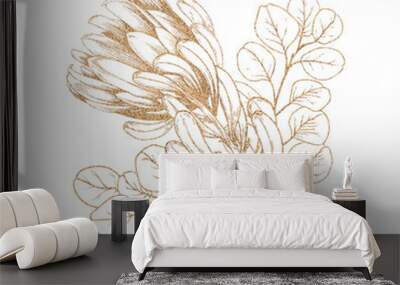 Floral protea and eucalyptus arrangement. Gold line art graphic illustration on white background. Wall mural