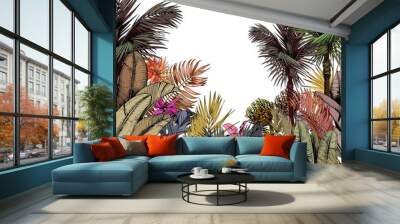 Multicolored tropical foliage and exotic flowers. Hand drawn vector illustration isolated on white background. Wall mural