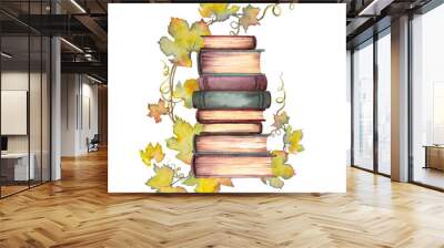 Retro books stack with autumn grape leaves. Wall mural