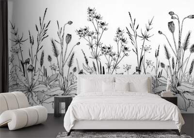 Seamless horizontal background with wild herbs and flowers. Wall mural