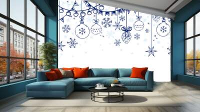 Seamless horizontal border with garlands, Christmas balls and snowflakes. Wall mural