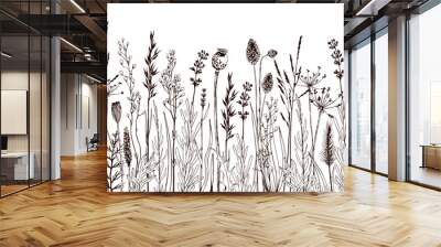 Seamless horizontally border with meadow wild flowers and herbs. Wall mural