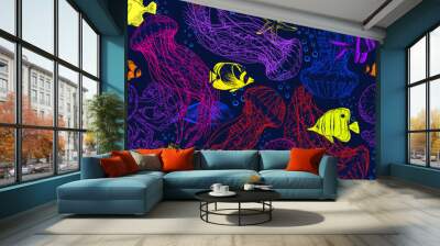 Seamless pattern with jelly fishes and colorful tropical fishes. Wall mural