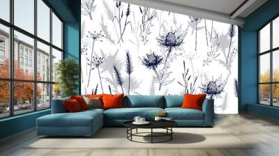 Seamless pattern with meadow wild herbs and blue thistle flowers. Wall mural