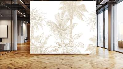 Seamless pattern with tropical trees on white background. Hand drawn linear botanical illustration. Wall mural