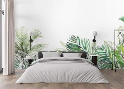 Seamless tropical border with green palm leaves and trees. Wall mural