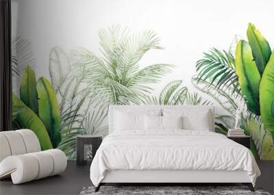 Seamless watercolor border with green tropical foliage. Wall mural