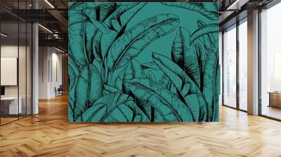 Tropical banana leaves on green-blue background. Hand drawn vector illustration. Wall mural