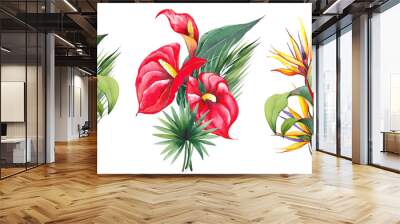 Tropical floral arrangements with red anthurium, strelitzia, heliconia and palm leaves. Watercolor illustration on white background. Wall mural