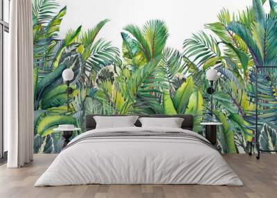 Watercolor wall art border with green tropical foliage. Wall mural