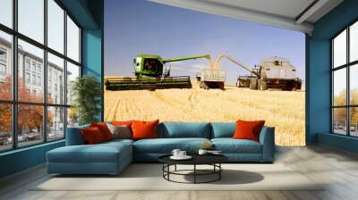 two combines emptying graing into a truck Wall mural