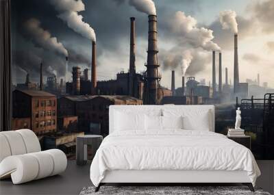 A gritty industrial landscape featuring a factory with tall chimneys emitting smoke Wall mural