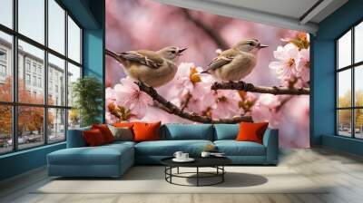 Two delicate songbirds perch on a branch of a cherry blossom tree, surrounded by soft pink blossoms in full bloom Wall mural