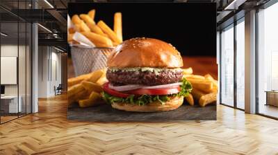 Classic American burger served with a side of fries Wall mural