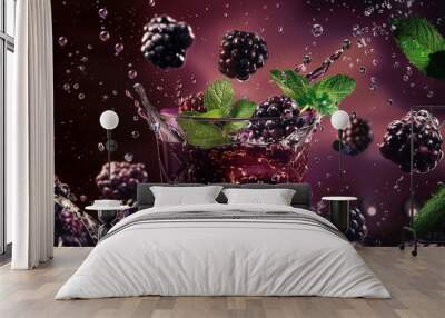 Frische Himbeeren fallen ins Wasser, Fitness und Wellness mit guter Ernährung, Vitamine und Antioxidantien für die Gesundheit Wall mural