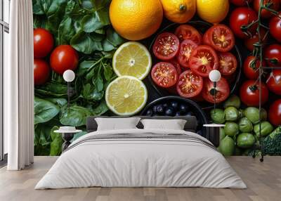 Gesunde Essen durch Superfood Ernährung, Bio Nahrungsmittel für die Gesundheit, Ausgewogene Ernährung durch vegetarische Kosten mit Gemüse, Obst und Nüssen
 Wall mural