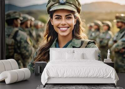 A female soldier in camouflage smiles confidently, her uniform signifying her sexy strength and pretty resilience in military security Wall mural