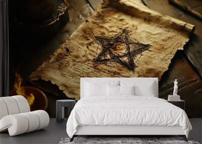 Ancient parchment with pentagram symbol and mysterious writings Wall mural